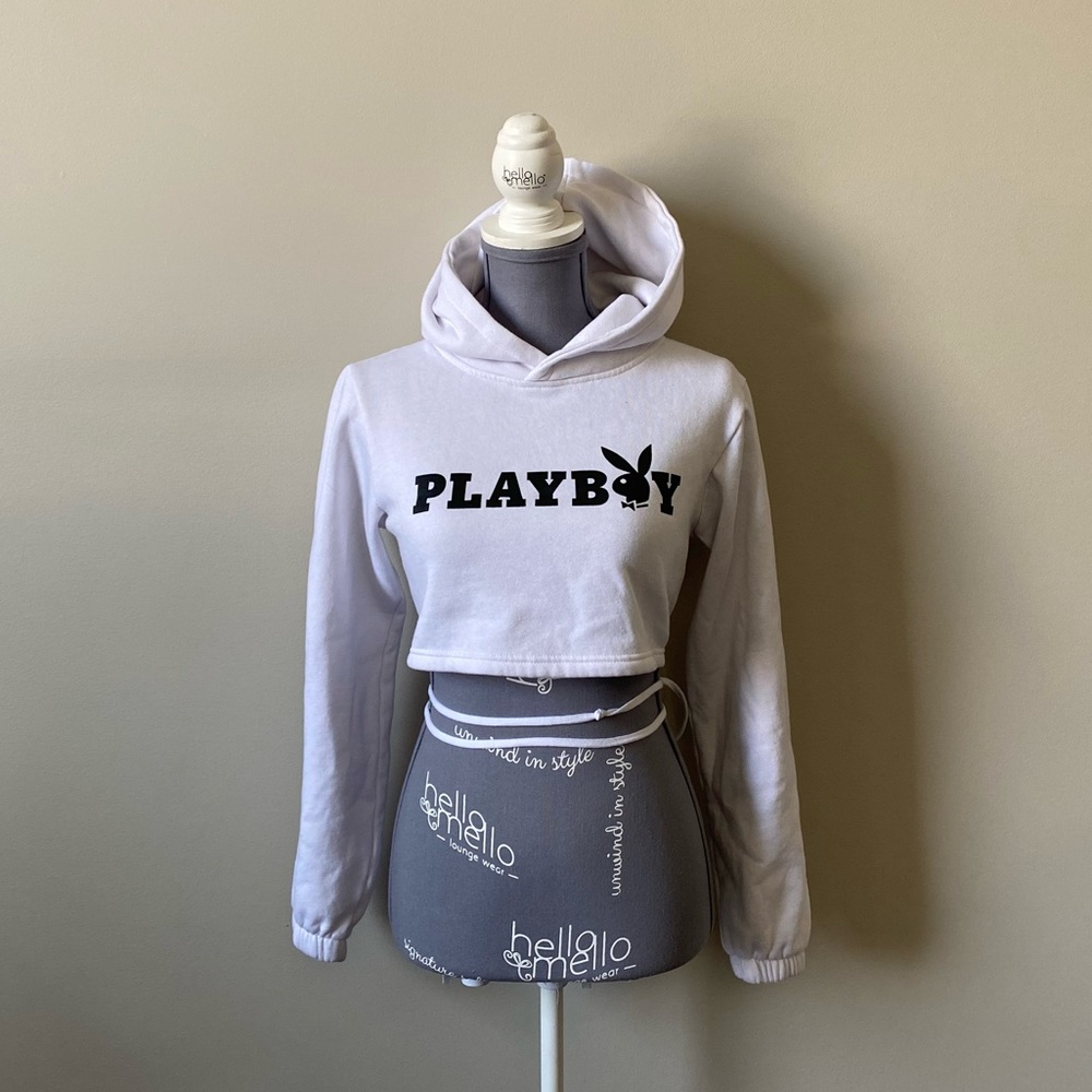 Playboy White cropped tie around Hoodie sweatshirt